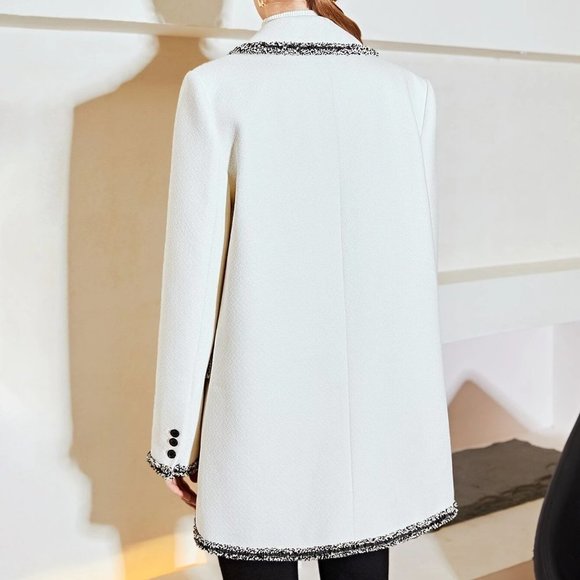 WHITE PREPPY WOMENS CONTRAST BINDING OVERSIZED BLAZER - Picture 3 of 5